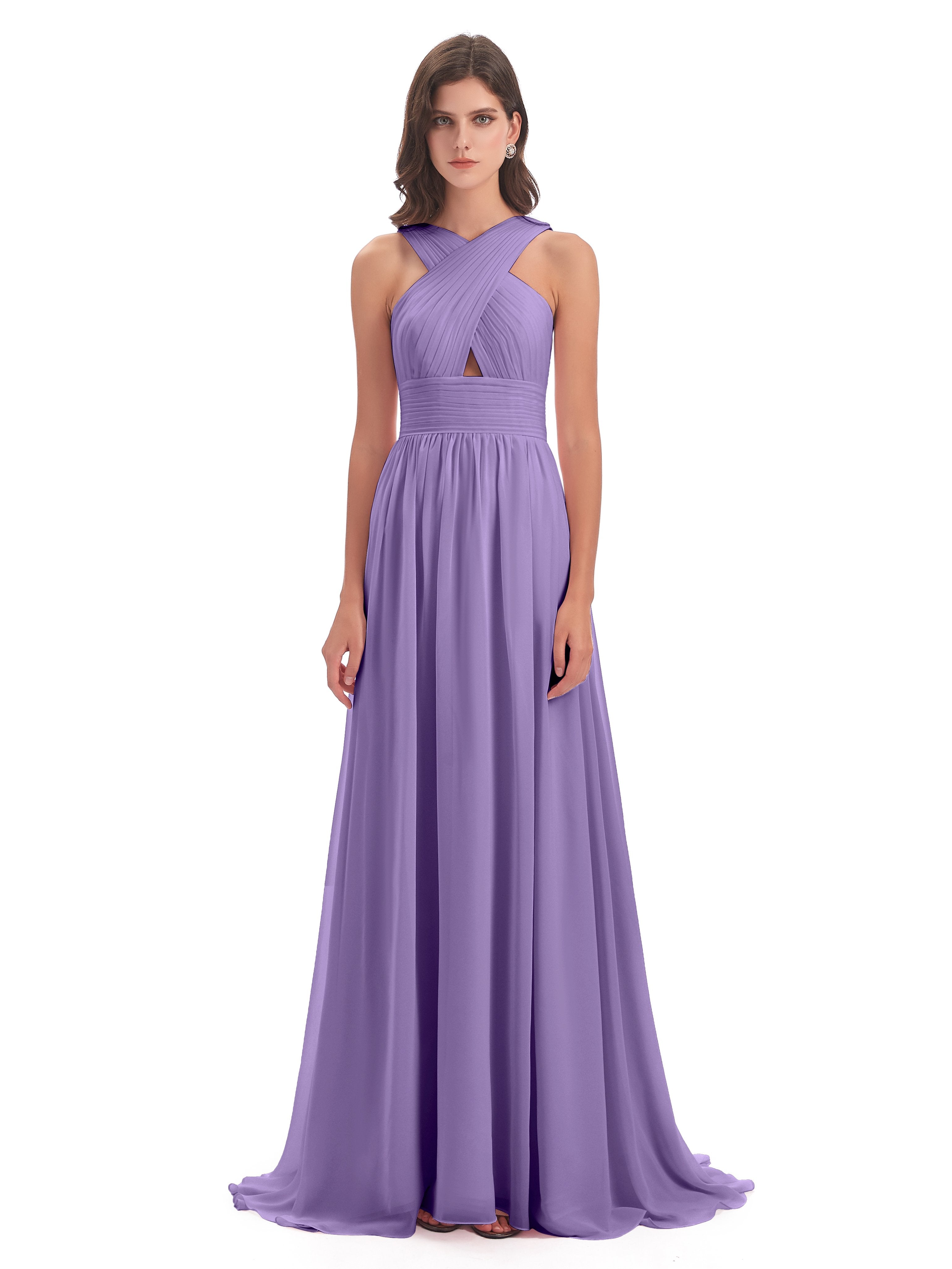 Desiree A-line Sweep Train Chiffon Long Bridesmaid Dresses