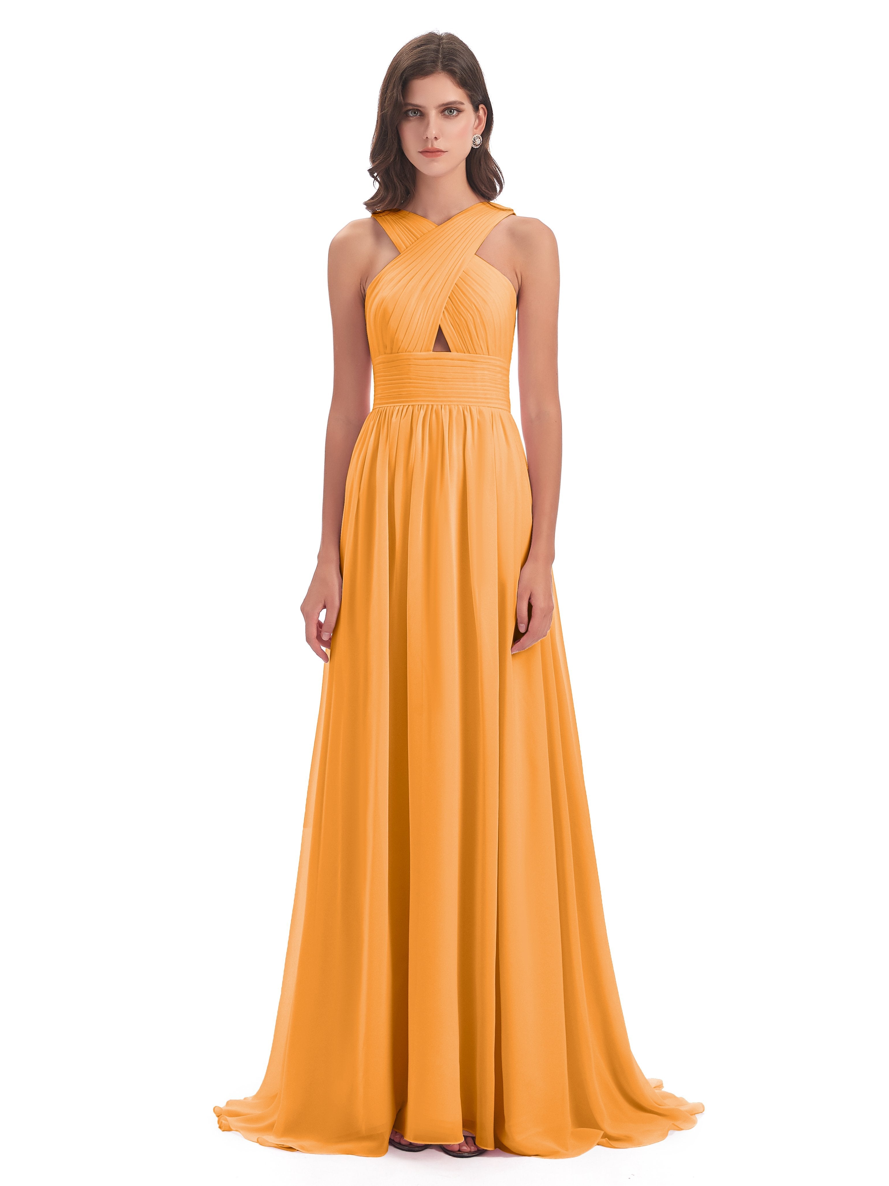 Desiree A-line Sweep Train Chiffon Long Bridesmaid Dresses