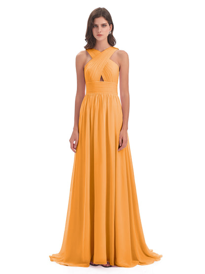 Desiree A-line Sweep Train Chiffon Long Bridesmaid Dresses