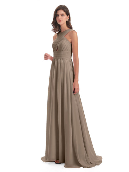 Desiree A-line Sweep Train Chiffon Long Bridesmaid Dresses