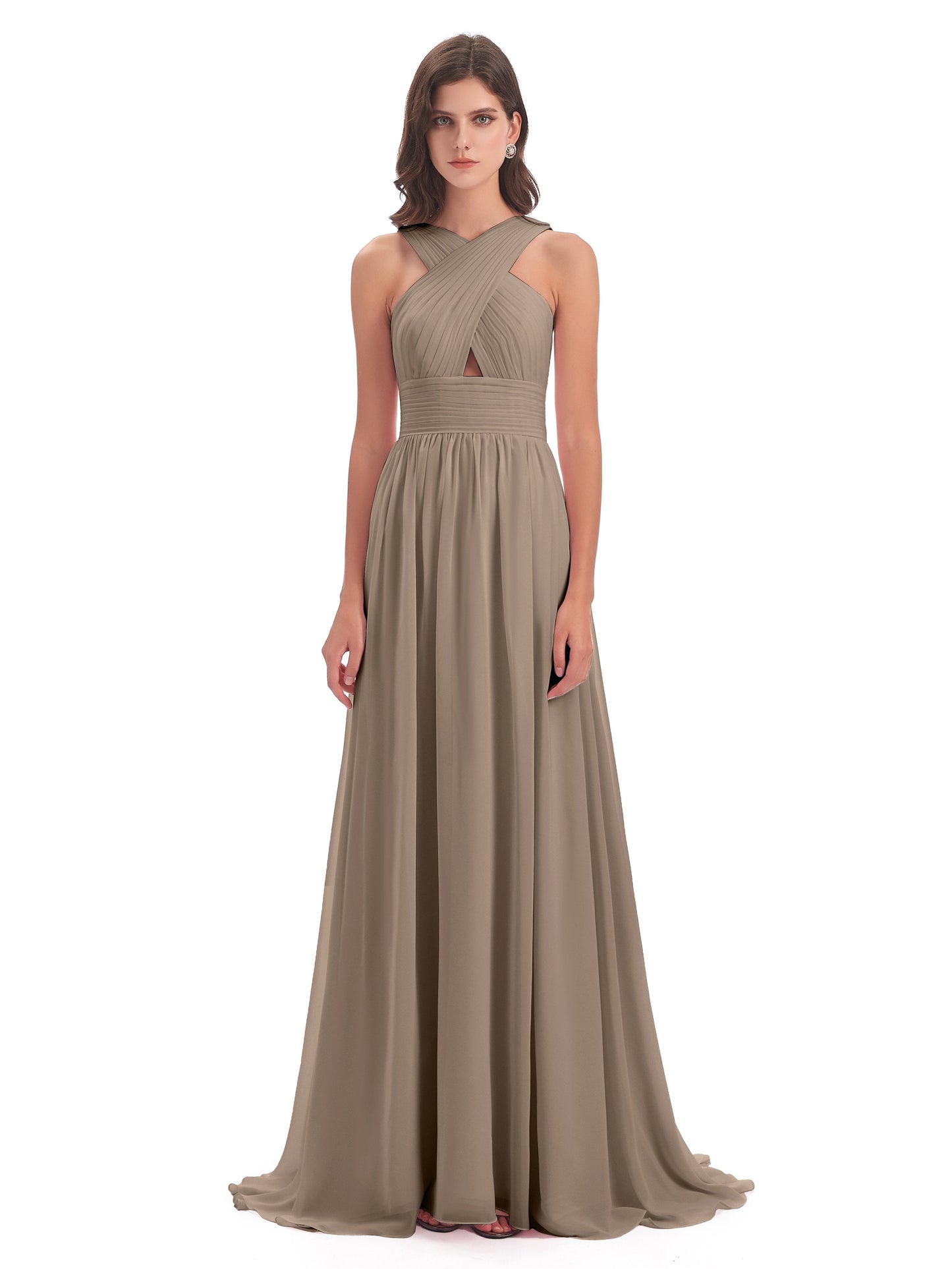 Desiree A-line Sweep Train Chiffon Long Bridesmaid Dresses