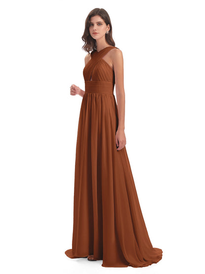 Desiree A-line Sweep Train Chiffon Long Bridesmaid Dresses