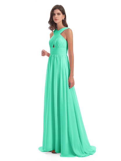 Desiree A-line Sweep Train Chiffon Long Bridesmaid Dresses