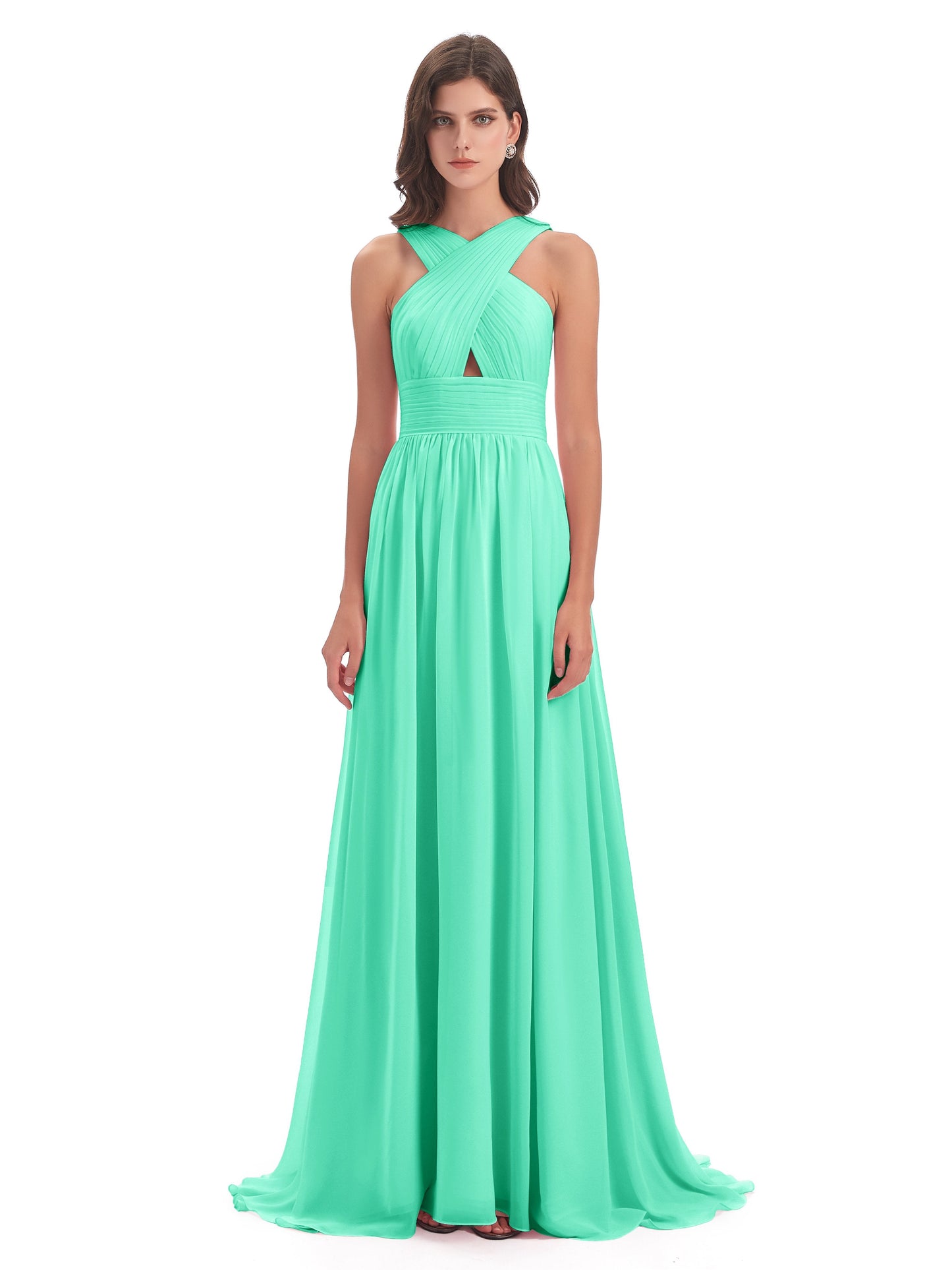 Desiree A-line Sweep Train Chiffon Long Bridesmaid Dresses