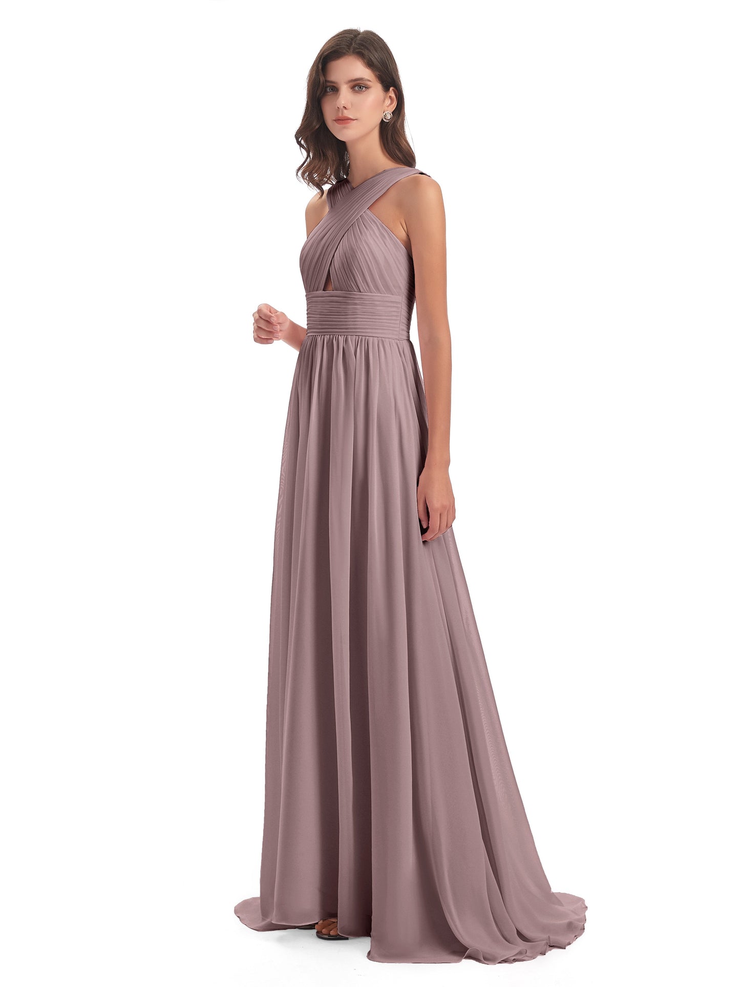 Desiree A-line Sweep Train Chiffon Long Bridesmaid Dresses