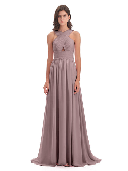 Desiree A-line Sweep Train Chiffon Long Bridesmaid Dresses