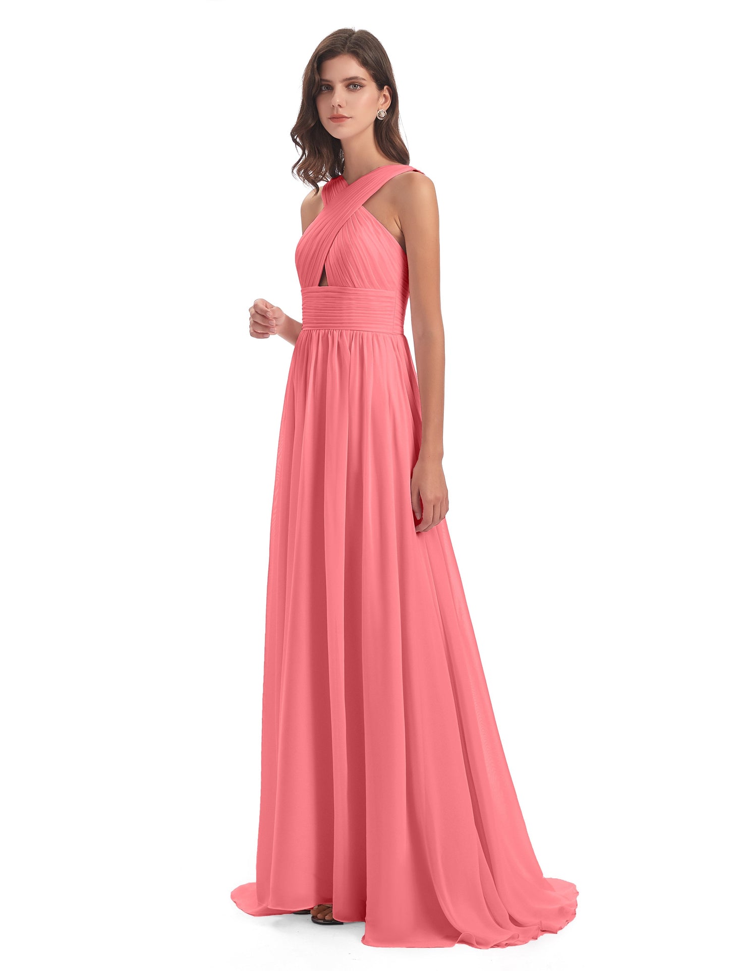 Desiree A-line Sweep Train Chiffon Long Bridesmaid Dresses