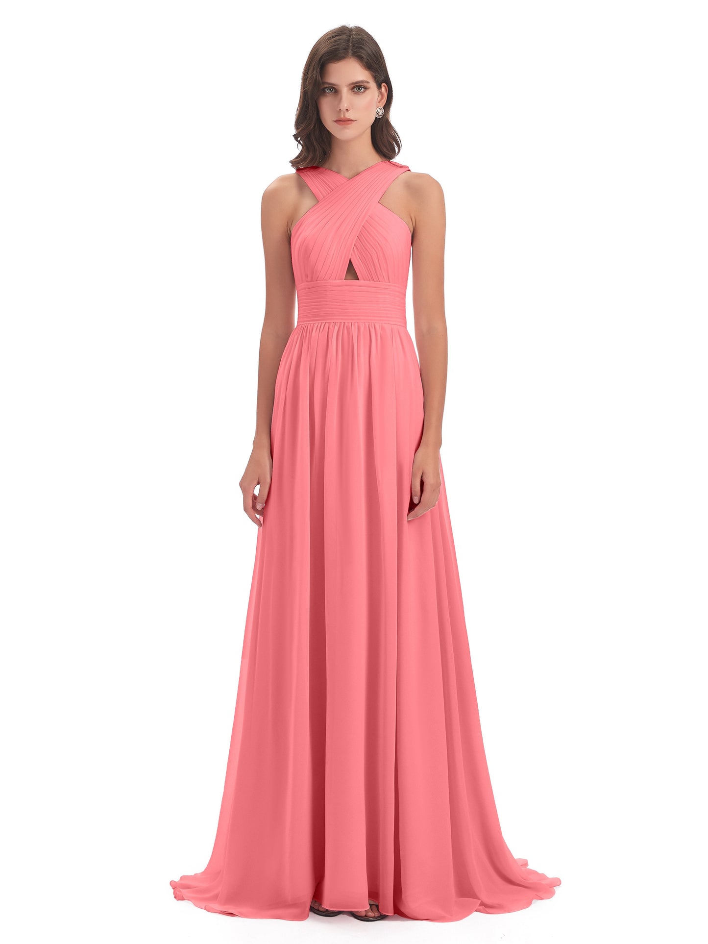 Desiree A-line Sweep Train Chiffon Long Bridesmaid Dresses