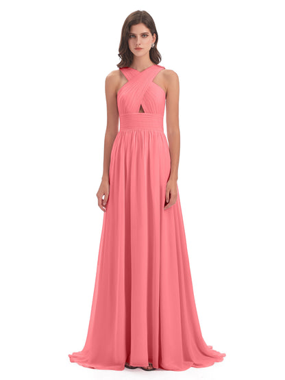 Desiree A-line Sweep Train Chiffon Long Bridesmaid Dresses