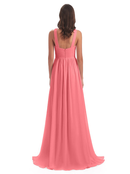 Desiree A-line Sweep Train Chiffon Long Bridesmaid Dresses