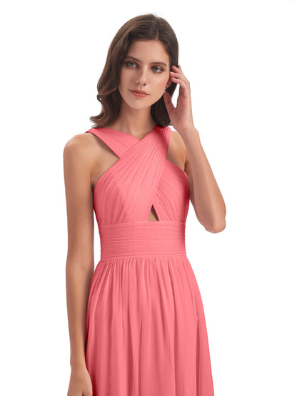 Desiree A-line Sweep Train Chiffon Long Bridesmaid Dresses