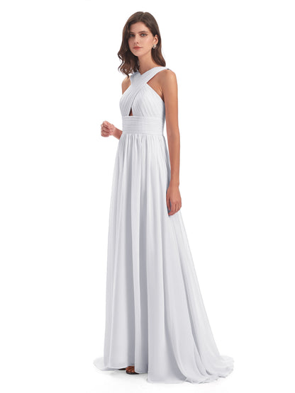 Desiree A-line Sweep Train Chiffon Long Bridesmaid Dresses