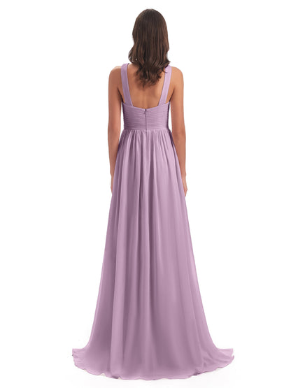 Desiree A-line Sweep Train Chiffon Long Bridesmaid Dresses