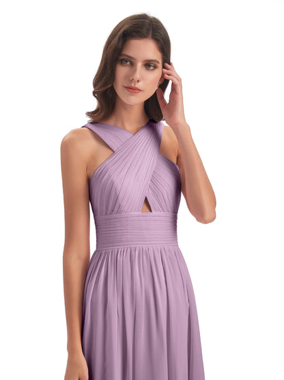 Desiree A-line Sweep Train Chiffon Long Bridesmaid Dresses