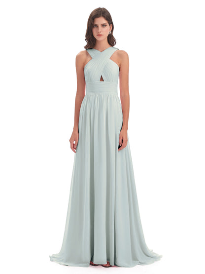 Desiree A-line Sweep Train Chiffon Long Bridesmaid Dresses