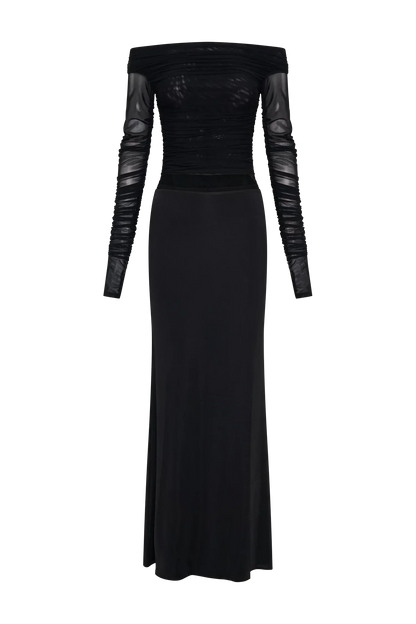 Darla Mesh And Slinky Off Shoulder Maxi Dress - Black