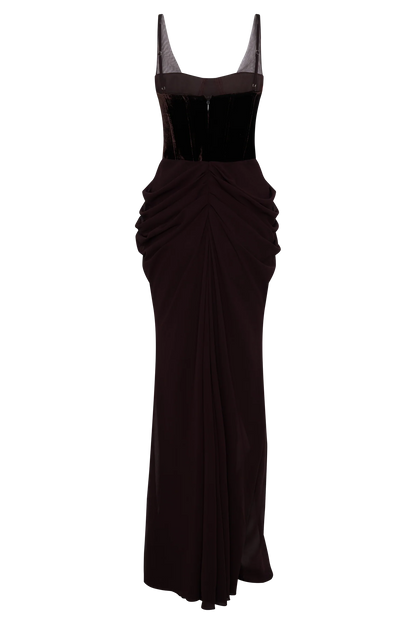 Roxanne Velvet Corset Maxi Dress - Cacao Brown