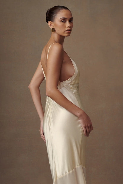 Evelyn Iridescent Satin Maxi Dress - Lemon Sorbet