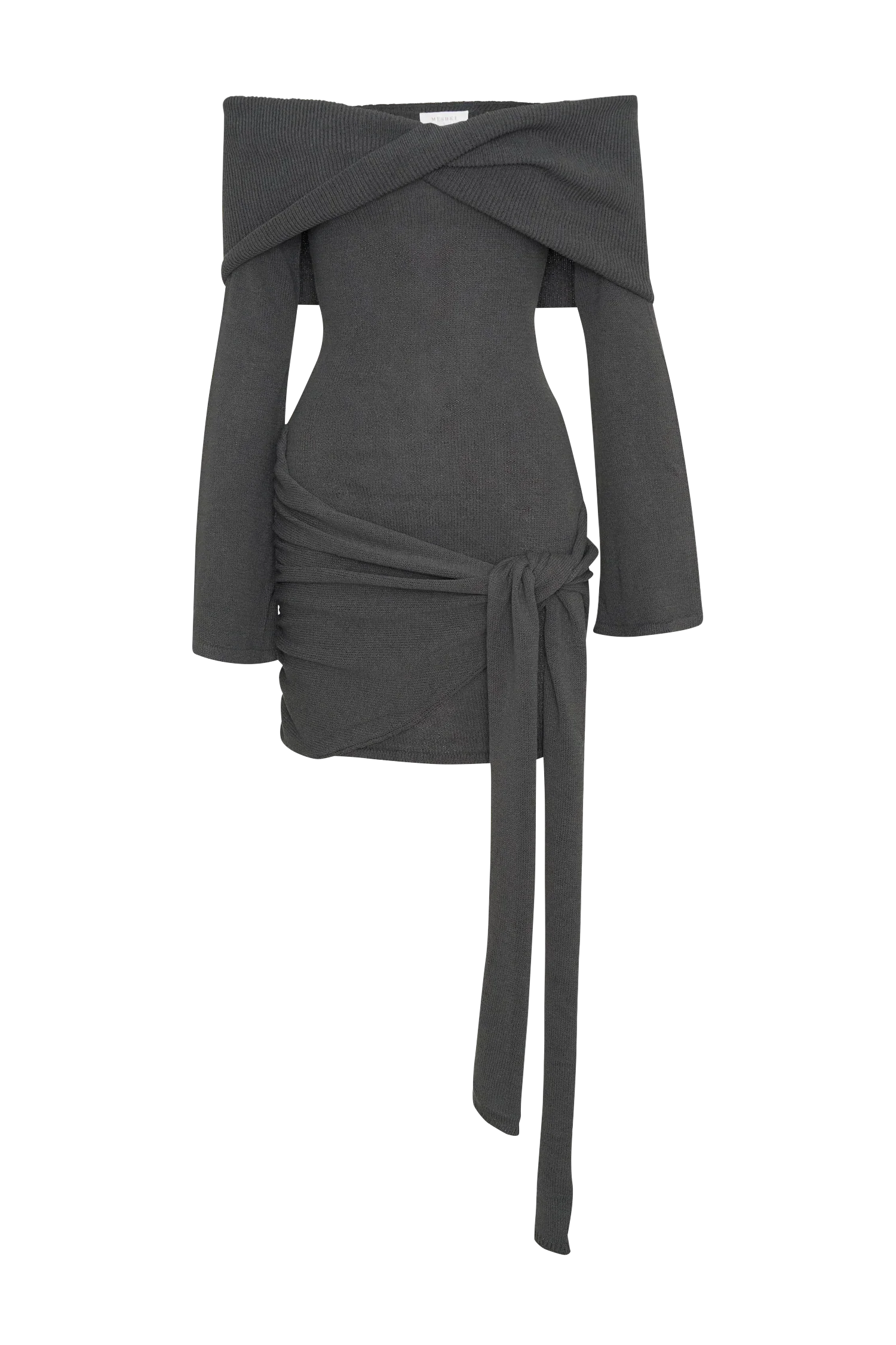 Camryn Off Shoulder Tie Knit Mini Dress - Charcoal