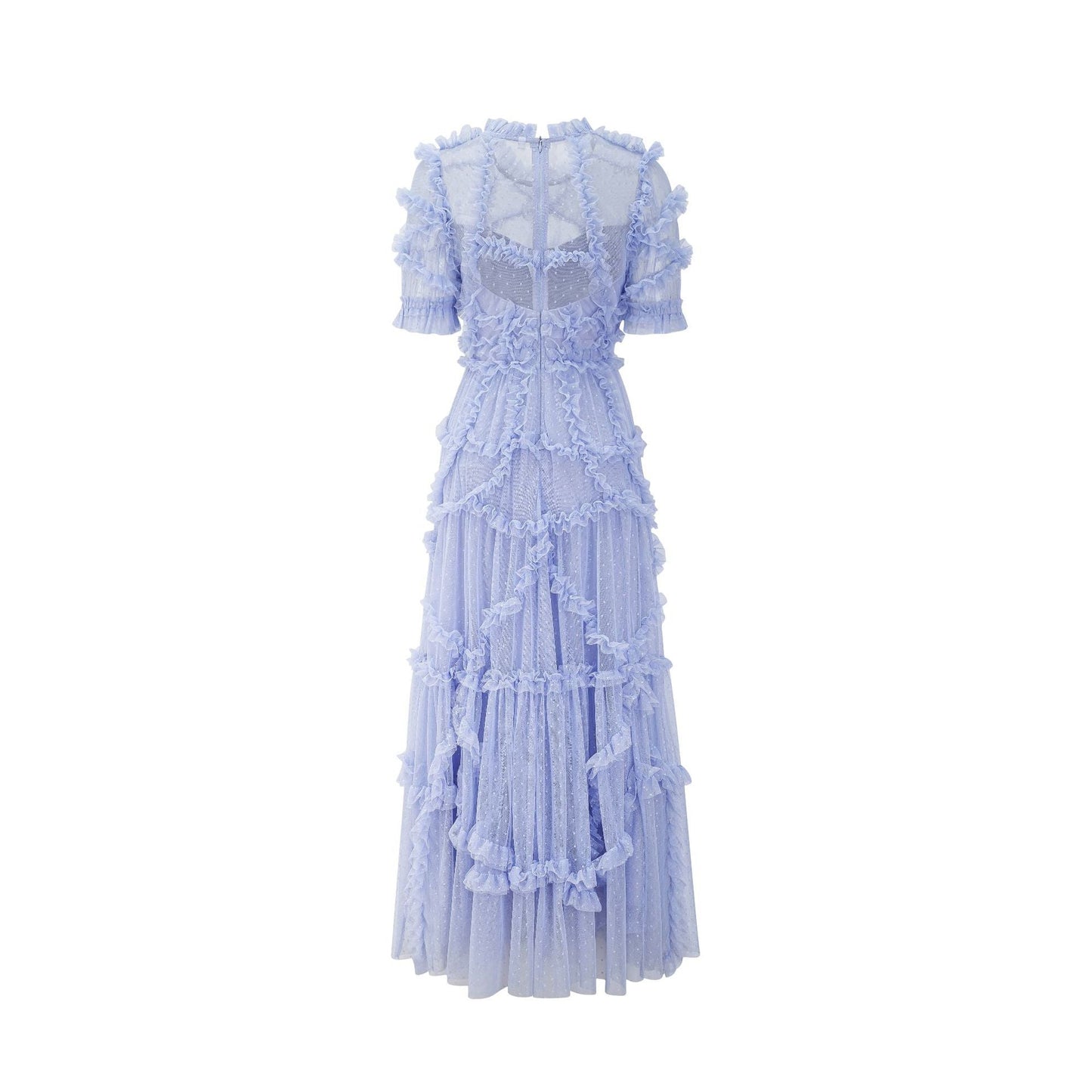 Elegant Mock Neck Sleeved Dotted Tulle Tiered Ruffle Bridesmaid Dresses