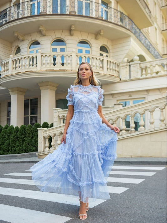 Elegant Mock Neck Sleeved Dotted Tulle Tiered Ruffle Bridesmaid Dresses