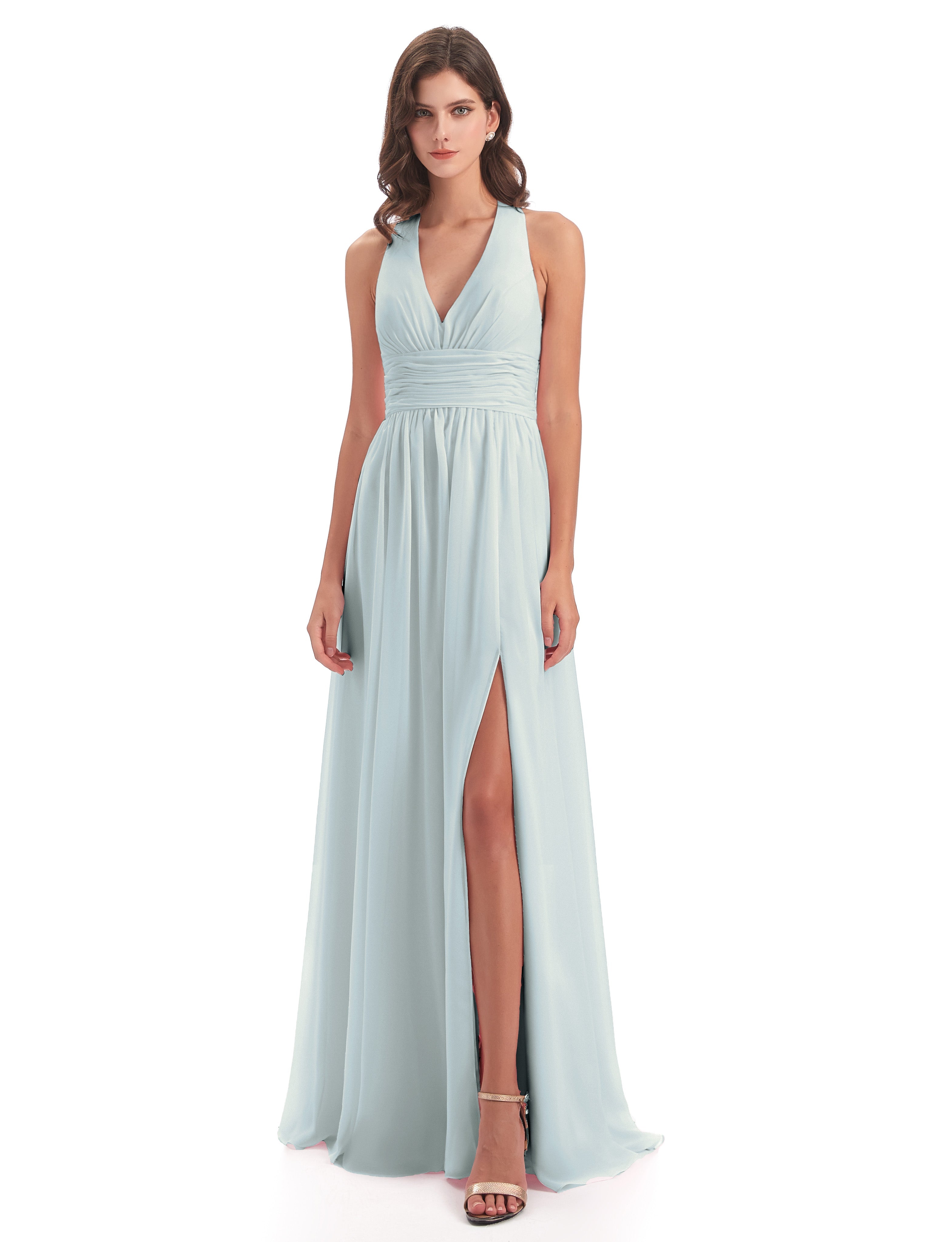 Emily Floor Length V Neck Split Chiffon Bridesmaid Dresses