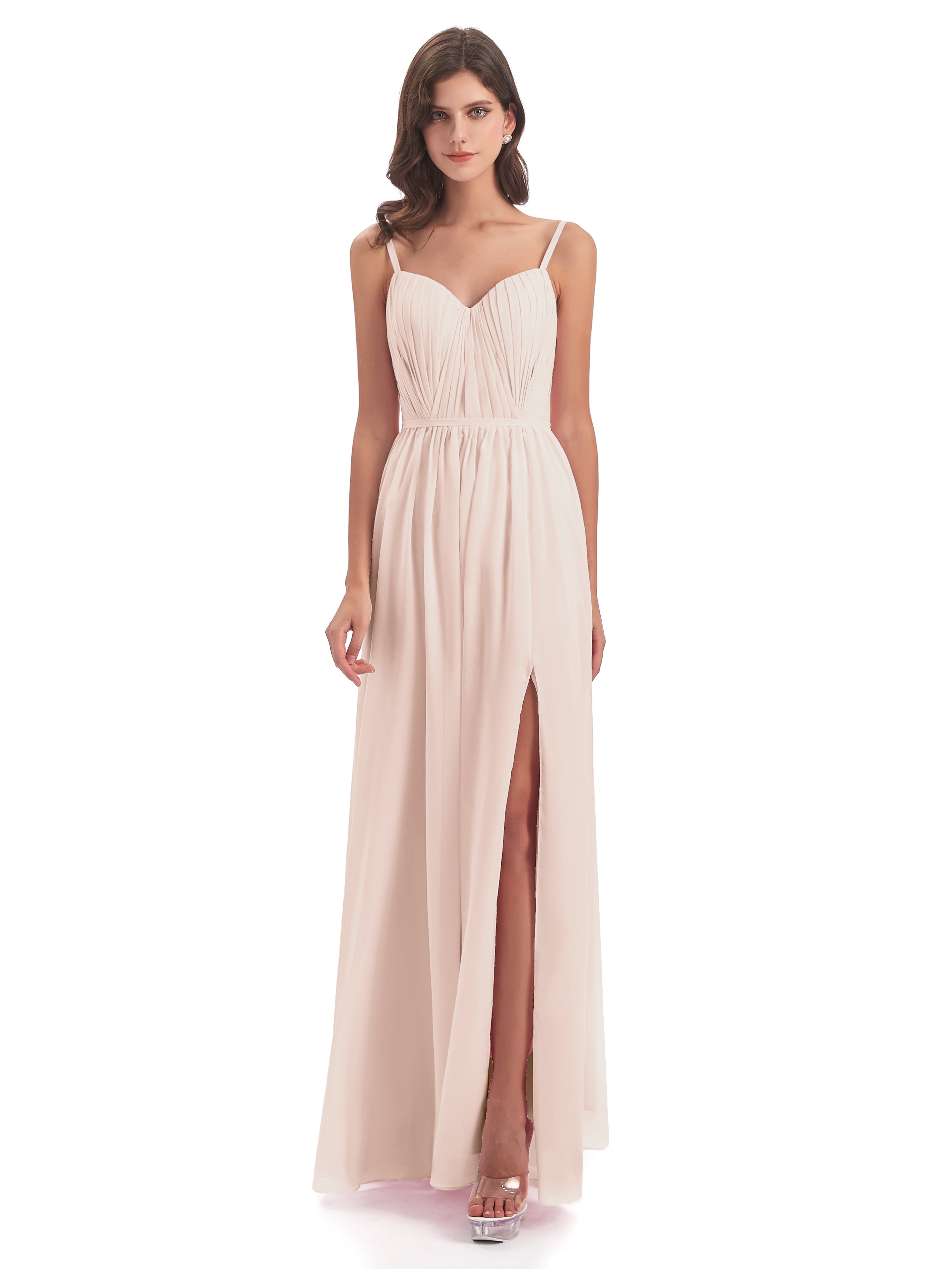 Kiana Spaghetti Straps Open Back Split Chiffon Long Bridesmaid Dresses