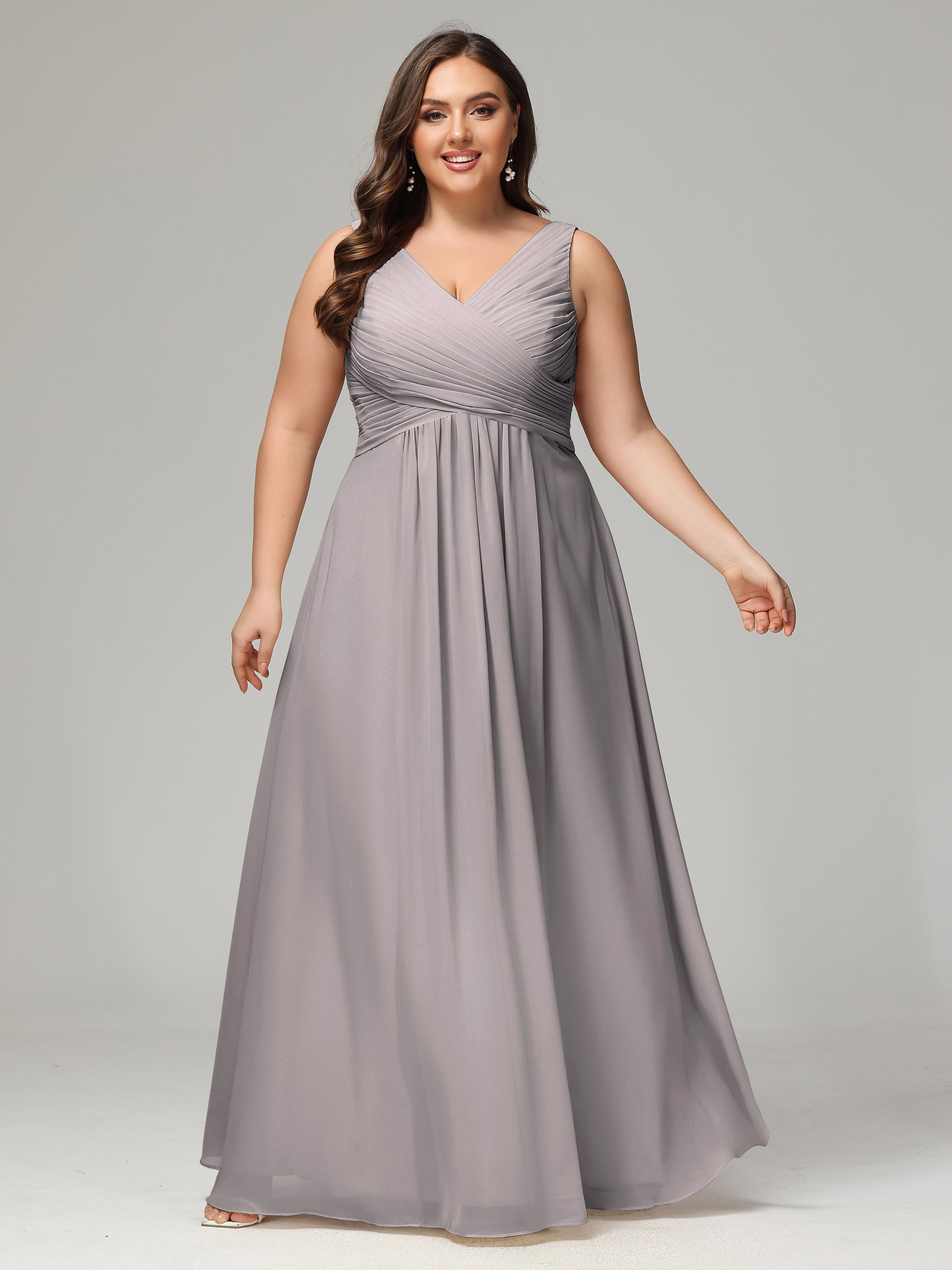 V-neck Straps Chiffon Plus Size Long Bridesmaid Dresses