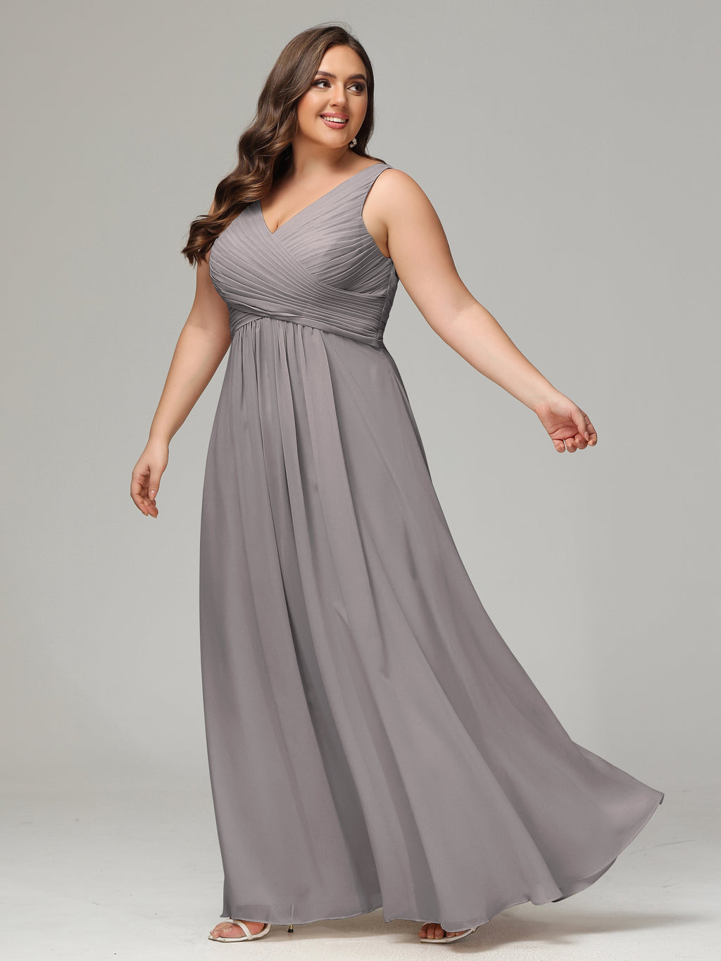 V-neck Straps Chiffon Plus Size Long Bridesmaid Dresses