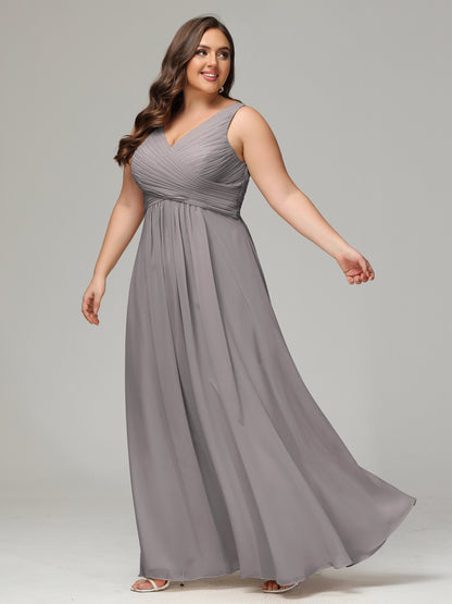 V-neck Straps Chiffon Plus Size Long Bridesmaid Dresses