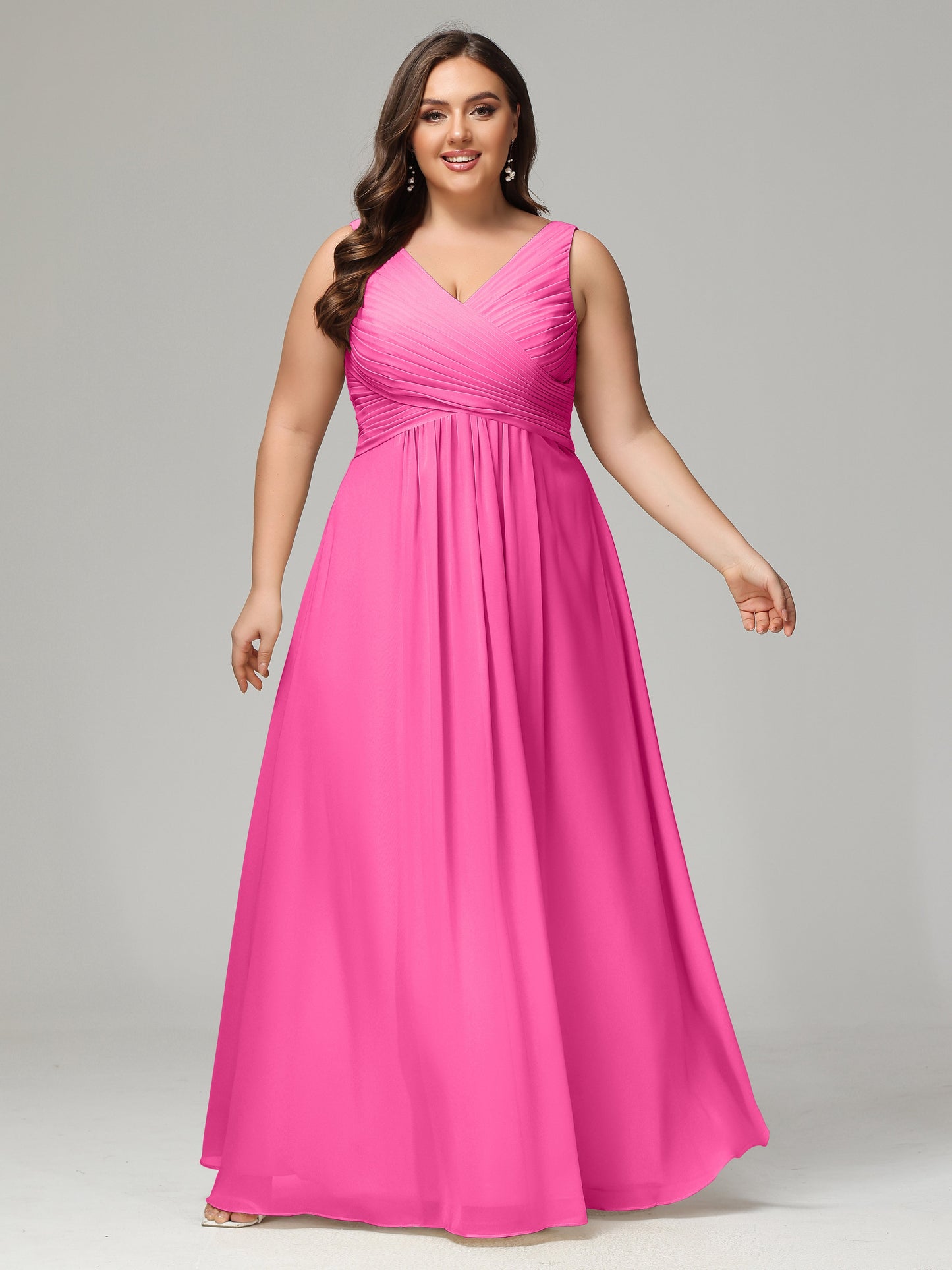 V-neck Straps Chiffon Plus Size Long Bridesmaid Dresses
