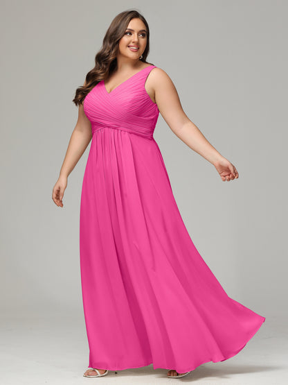 V-neck Straps Chiffon Plus Size Long Bridesmaid Dresses