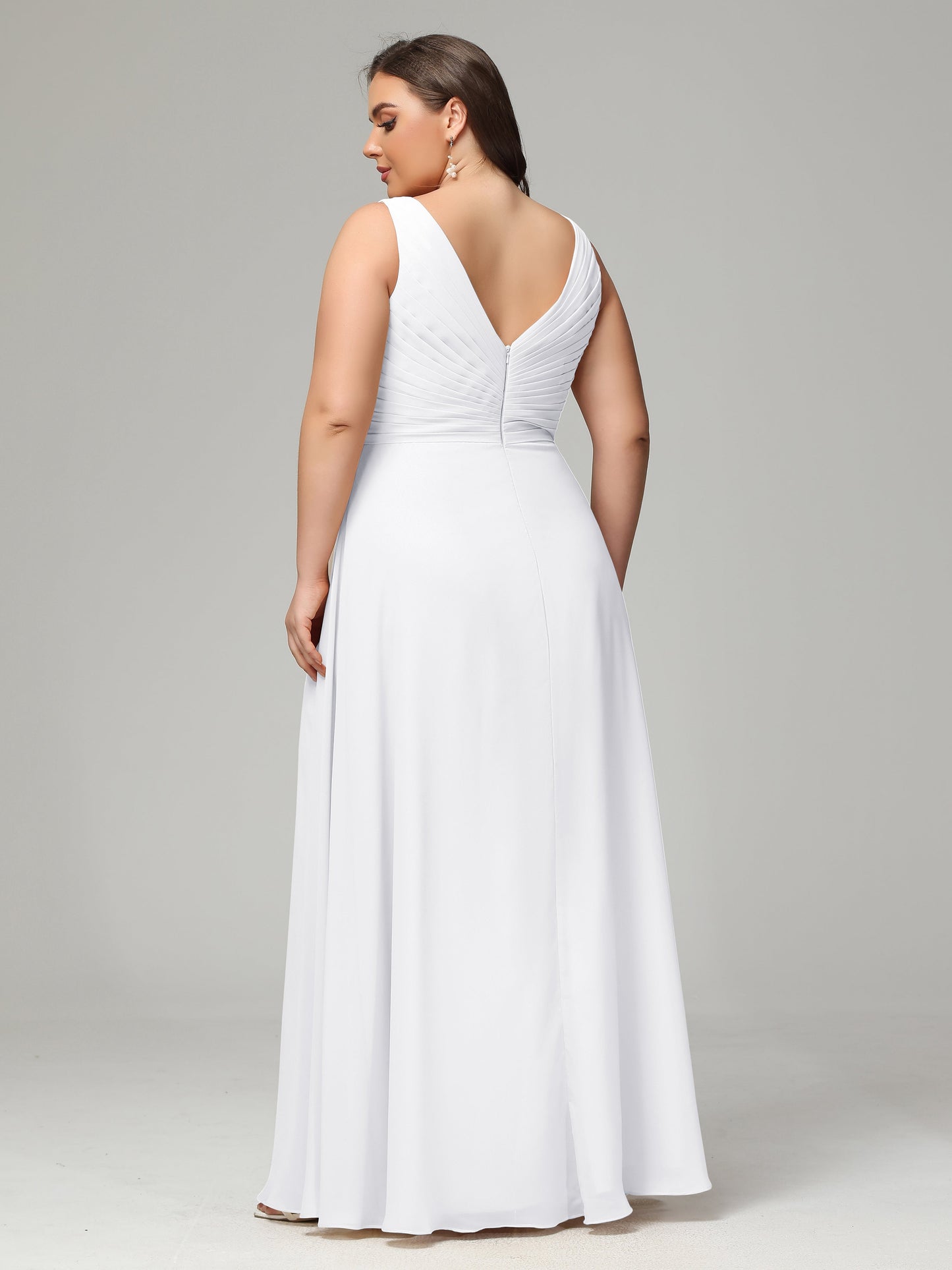 V-neck Straps Chiffon Plus Size Long Bridesmaid Dresses