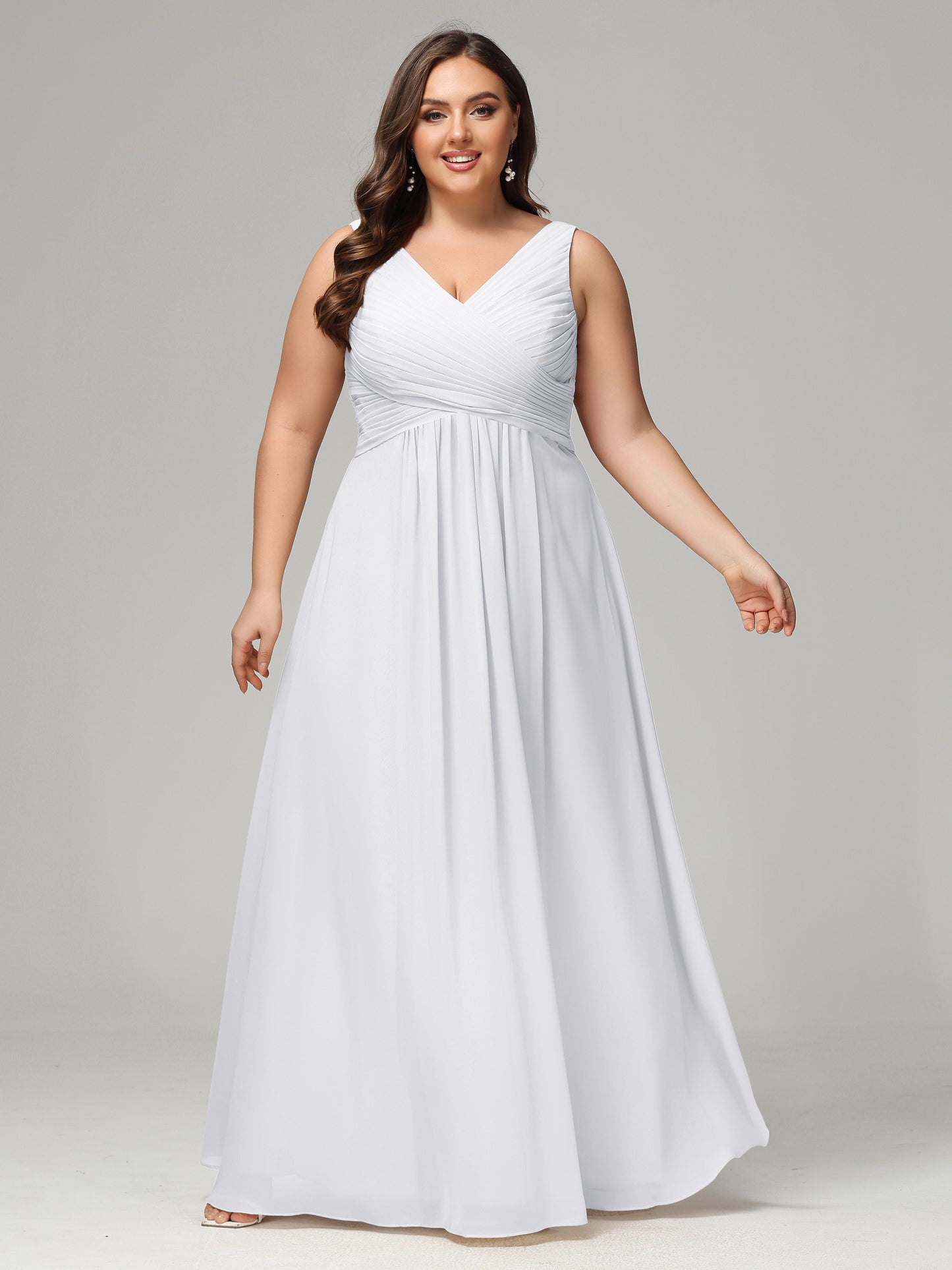 V-neck Straps Chiffon Plus Size Long Bridesmaid Dresses