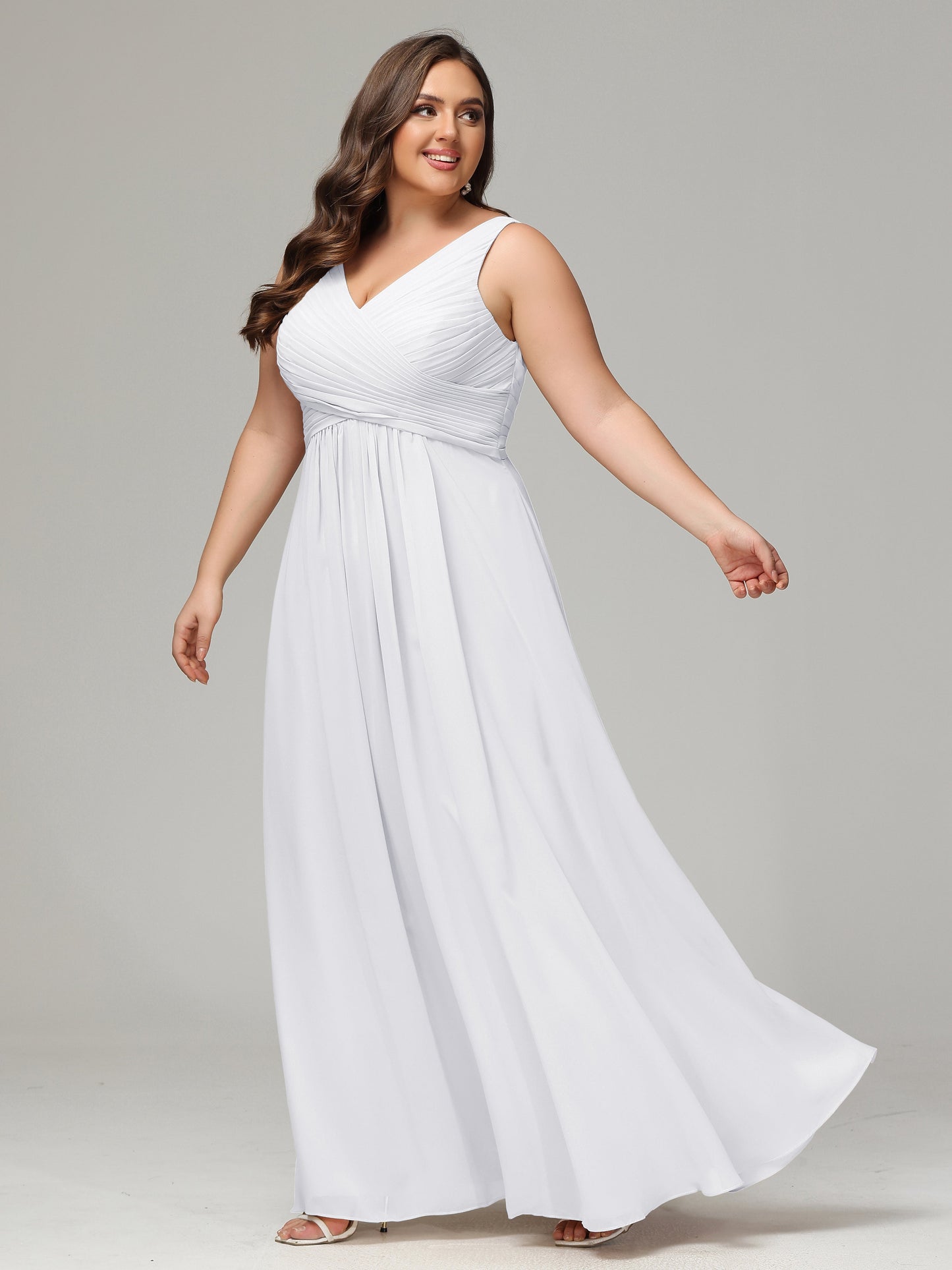 V-neck Straps Chiffon Plus Size Long Bridesmaid Dresses