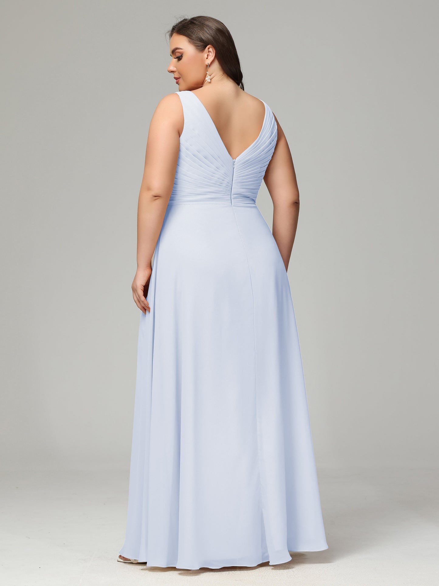 V-neck Straps Chiffon Plus Size Long Bridesmaid Dresses