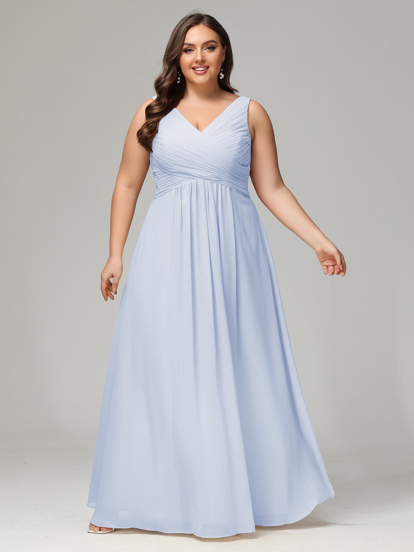 V-neck Straps Chiffon Plus Size Long Bridesmaid Dresses