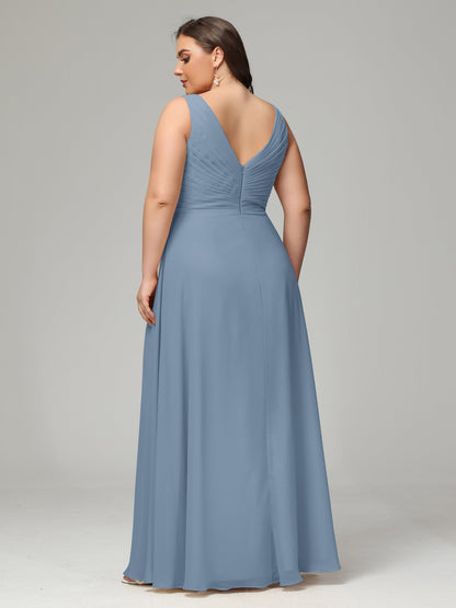 V-neck Straps Chiffon Plus Size Long Bridesmaid Dresses