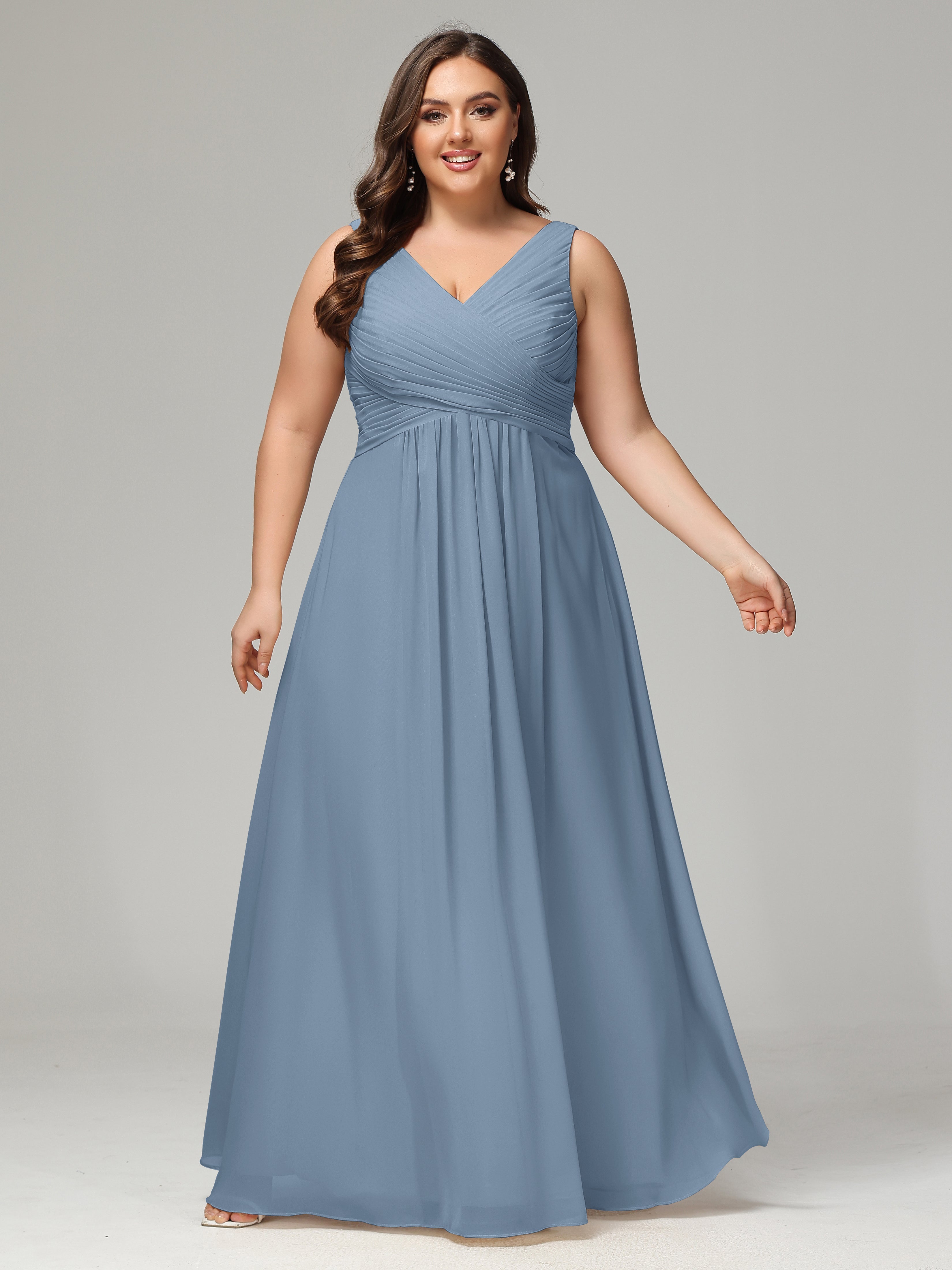 V-neck Straps Chiffon Plus Size Long Bridesmaid Dresses