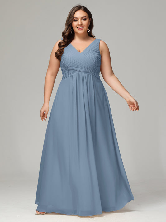V-neck Straps Chiffon Plus Size Long Bridesmaid Dresses