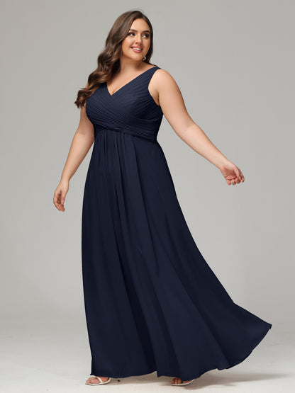 V-neck Straps Chiffon Plus Size Long Bridesmaid Dresses