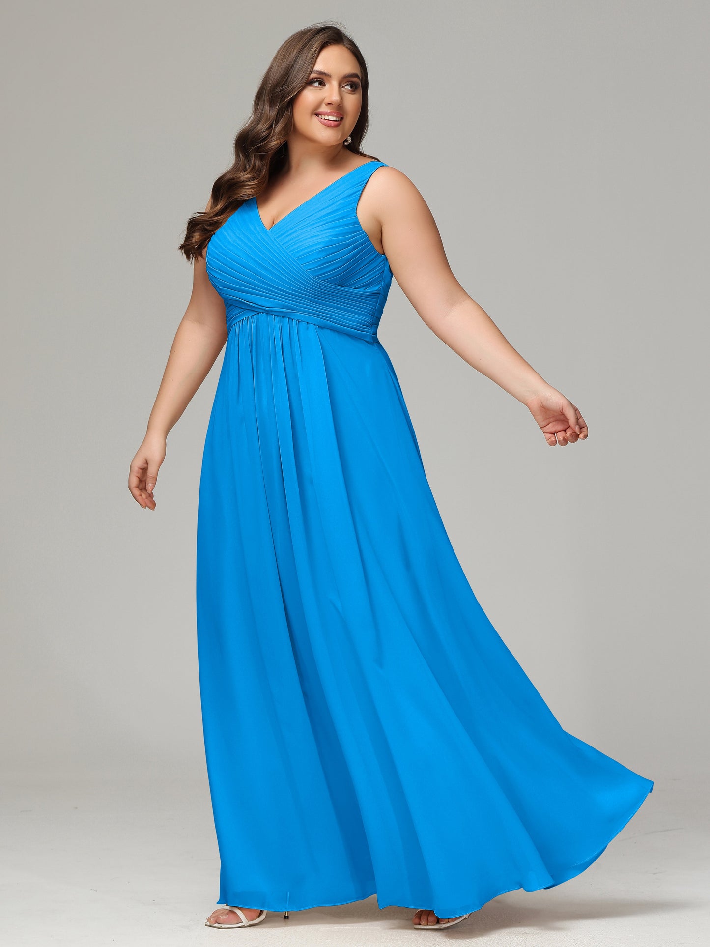 V-neck Straps Chiffon Plus Size Long Bridesmaid Dresses