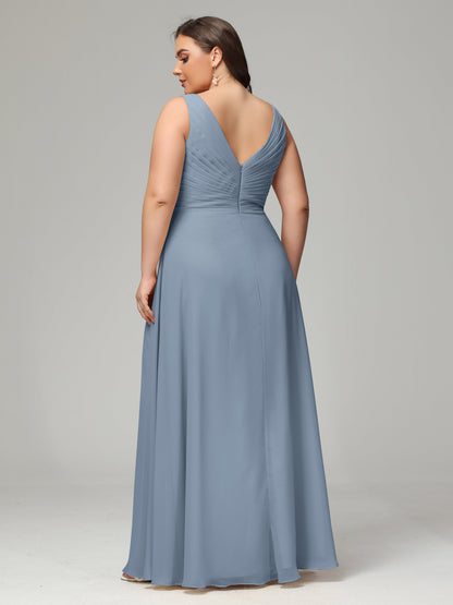 V-neck Straps Chiffon Plus Size Long Bridesmaid Dresses