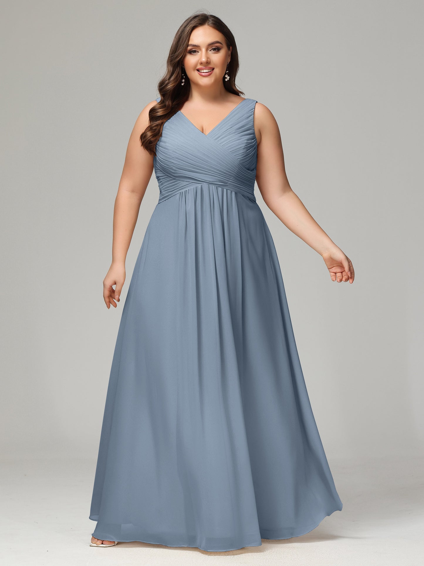 V-neck Straps Chiffon Plus Size Long Bridesmaid Dresses