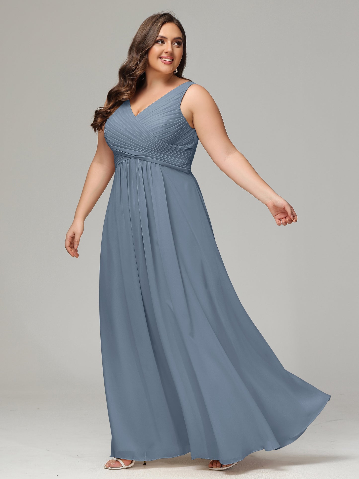 V-neck Straps Chiffon Plus Size Long Bridesmaid Dresses