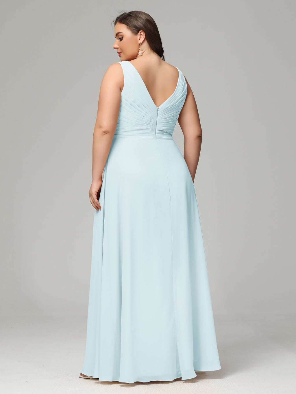 V-neck Straps Chiffon Plus Size Long Bridesmaid Dresses