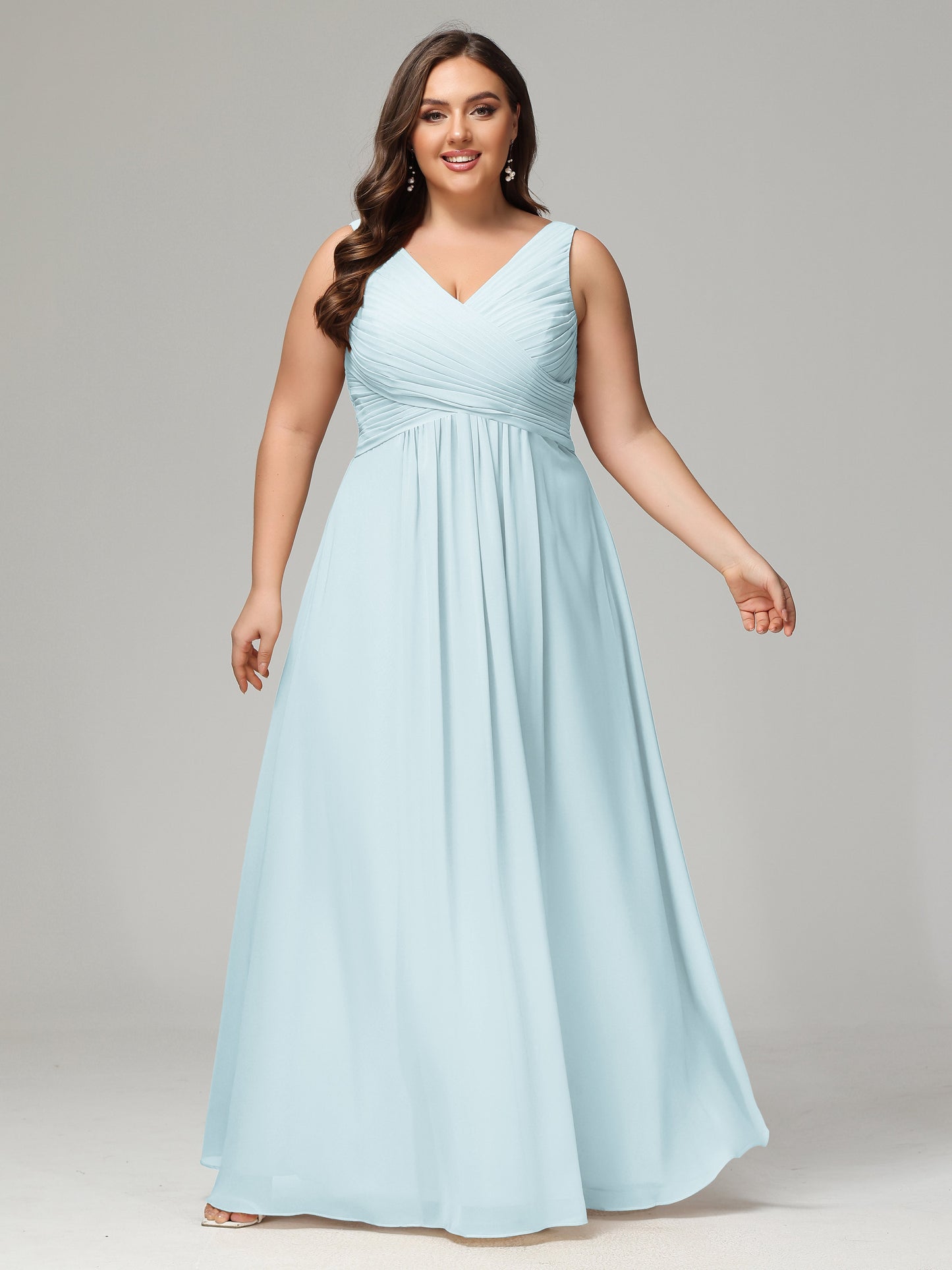 V-neck Straps Chiffon Plus Size Long Bridesmaid Dresses