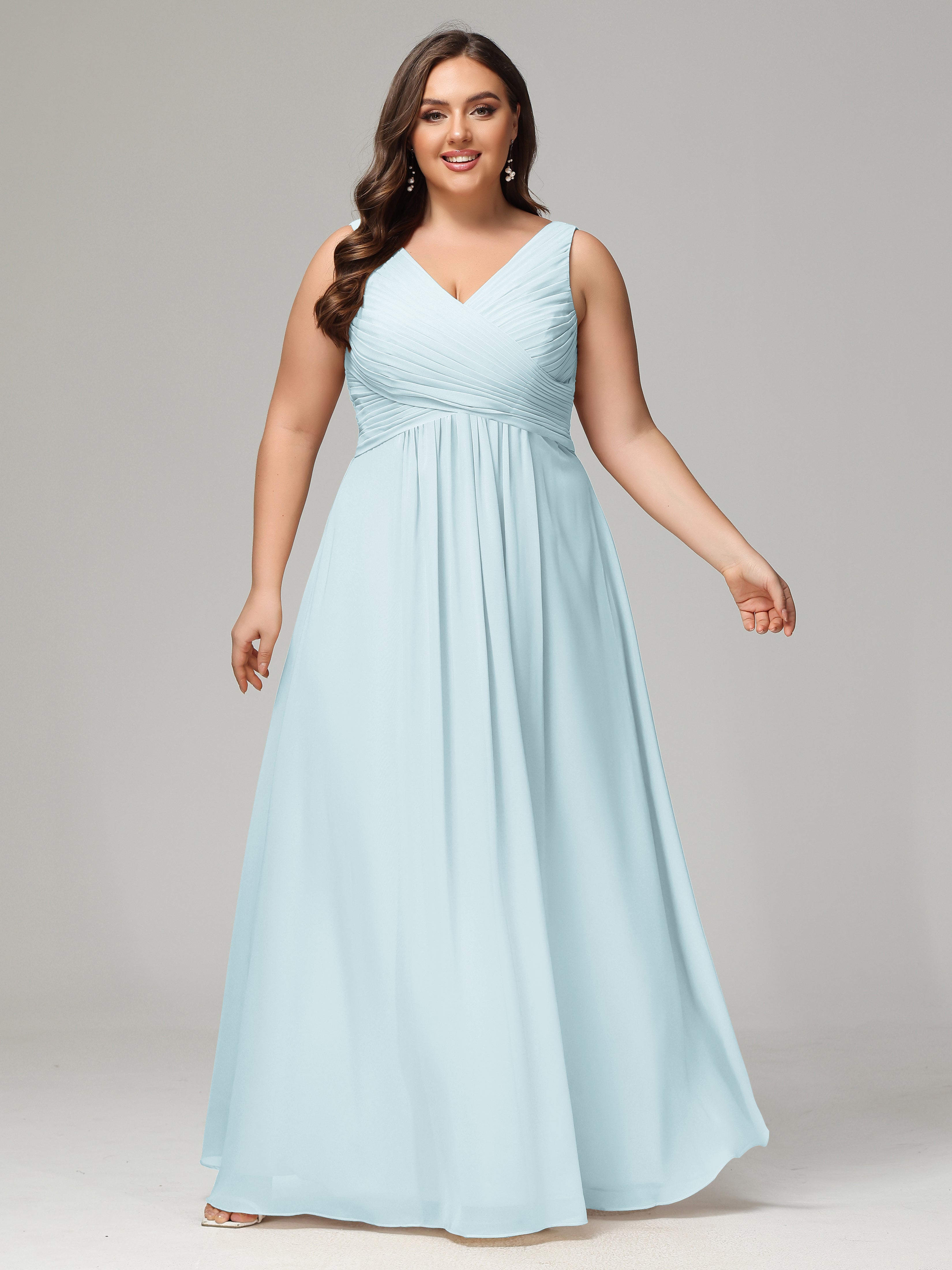 V-neck Straps Chiffon Plus Size Long Bridesmaid Dresses