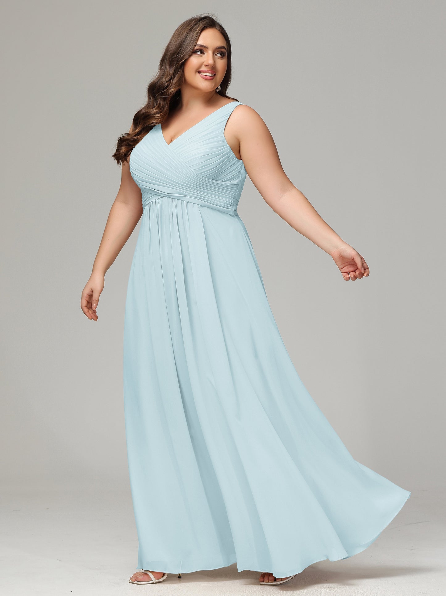 V-neck Straps Chiffon Plus Size Long Bridesmaid Dresses