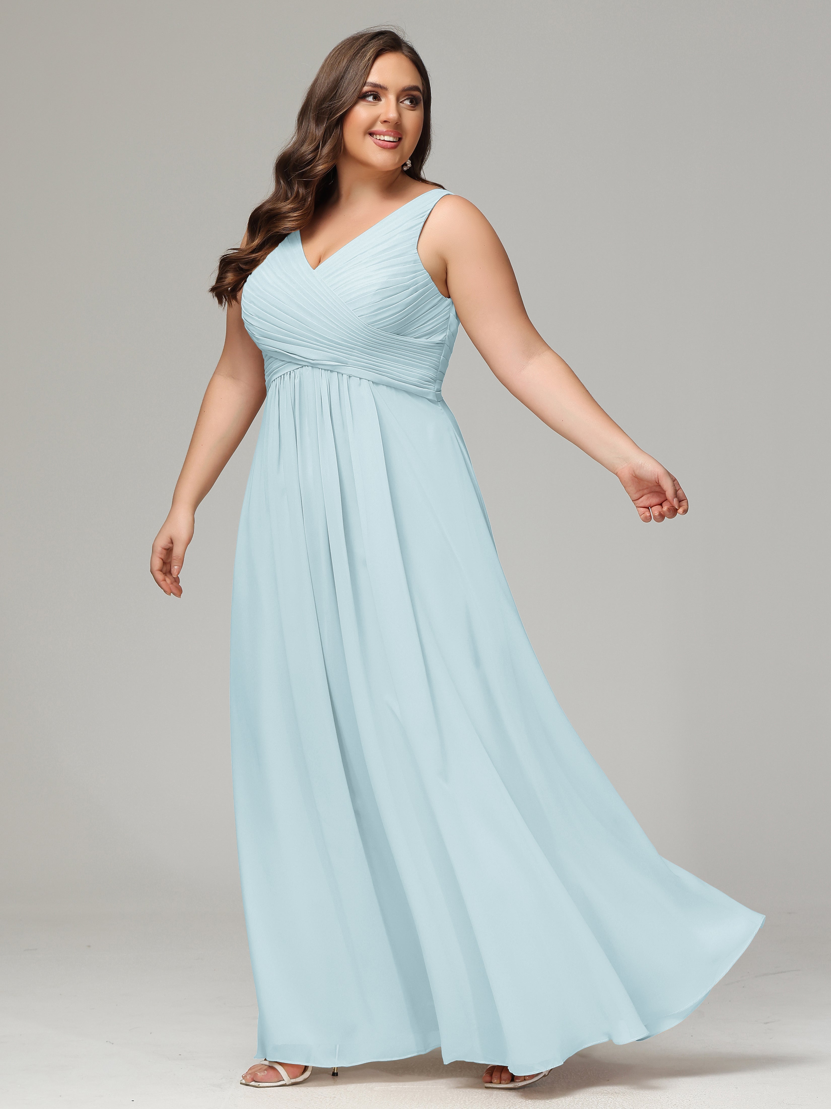 V-neck Straps Chiffon Plus Size Long Bridesmaid Dresses